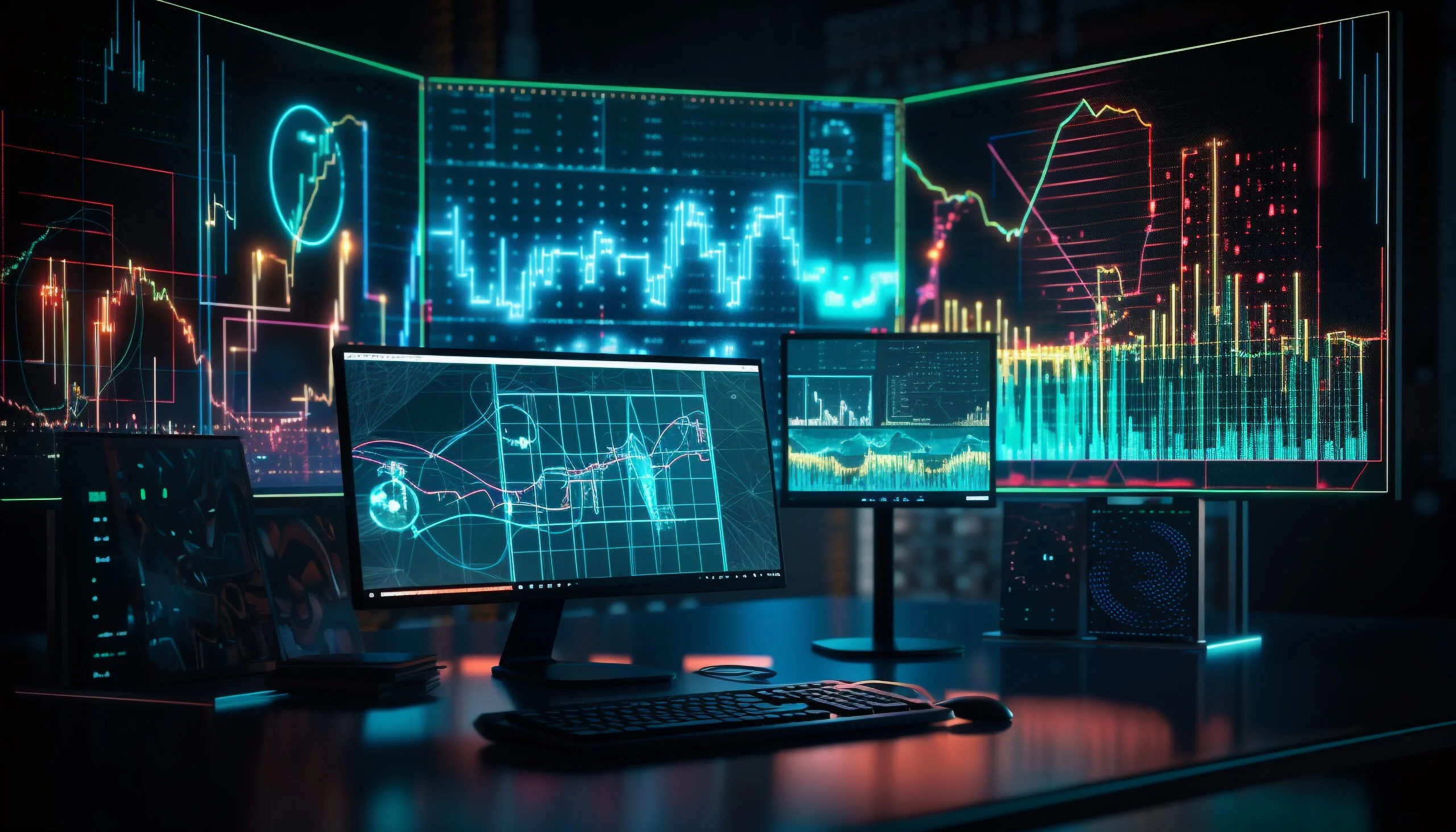 Glowing chart shows successful financial growth generated by AI